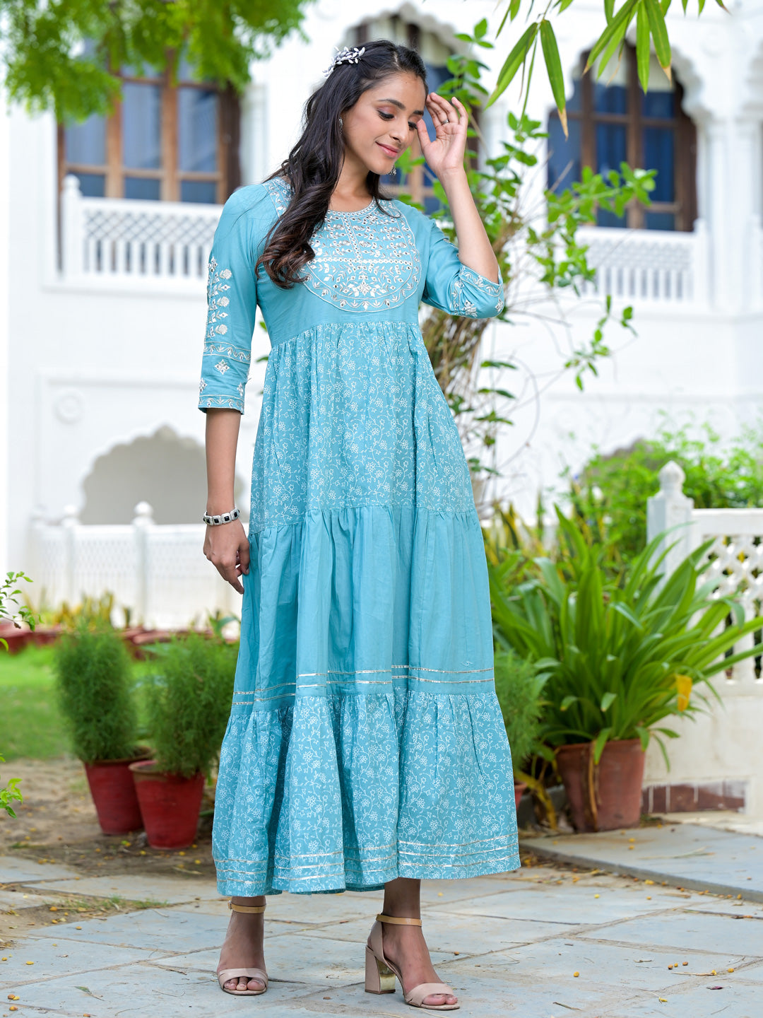 Sage Blue Cotton Dress-Yufta Store-2198DRSSBM