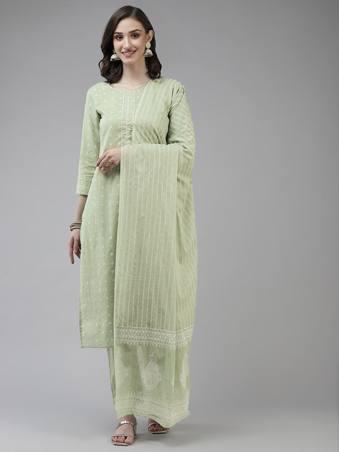 Sage Green Ethnic Motifs Printed Dupatta Set-Yufta Store-9725SKDGRS