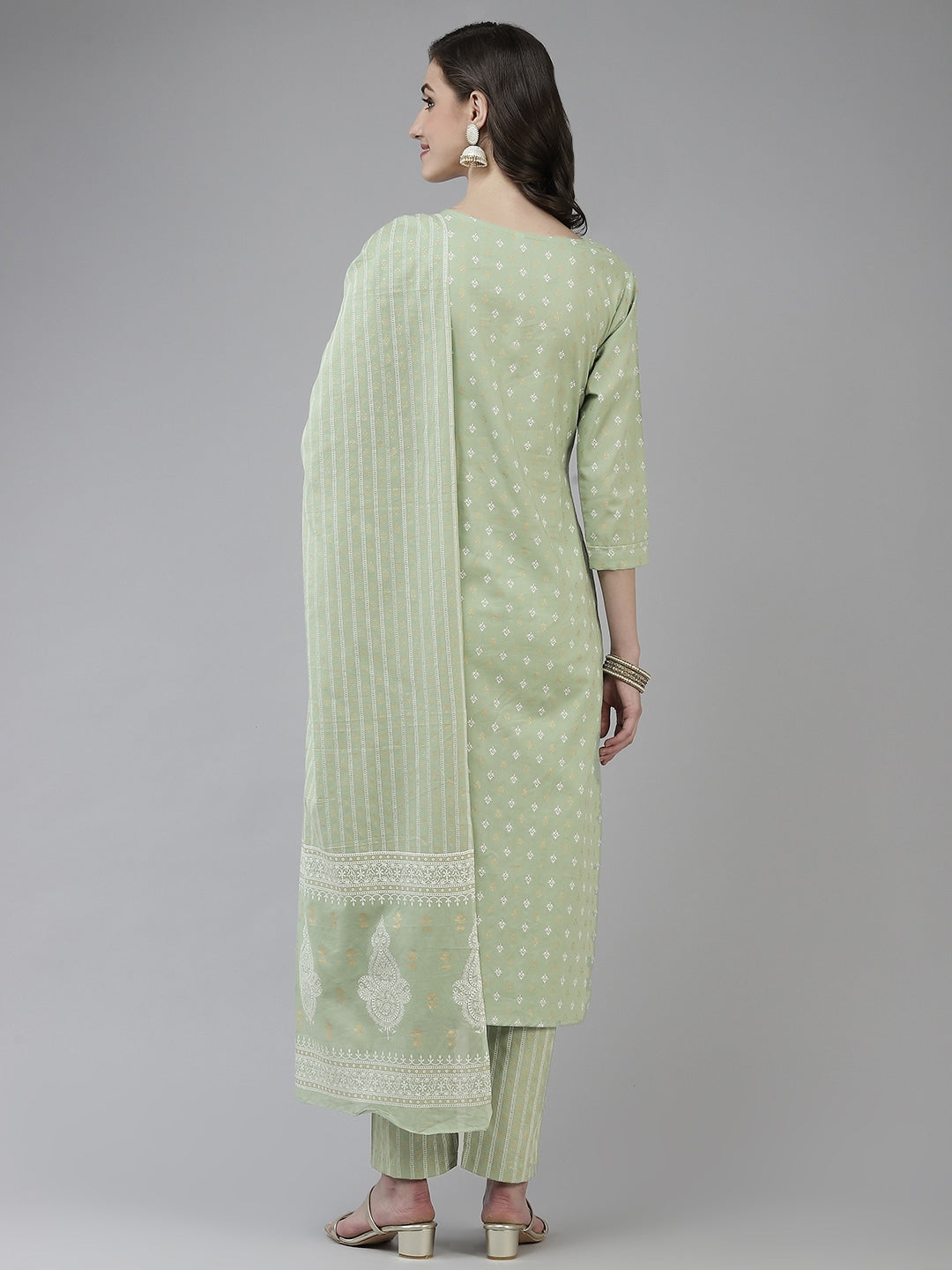 Sage Green Ethnic Motifs Printed Dupatta Set-Yufta Store-9725SKDGRS