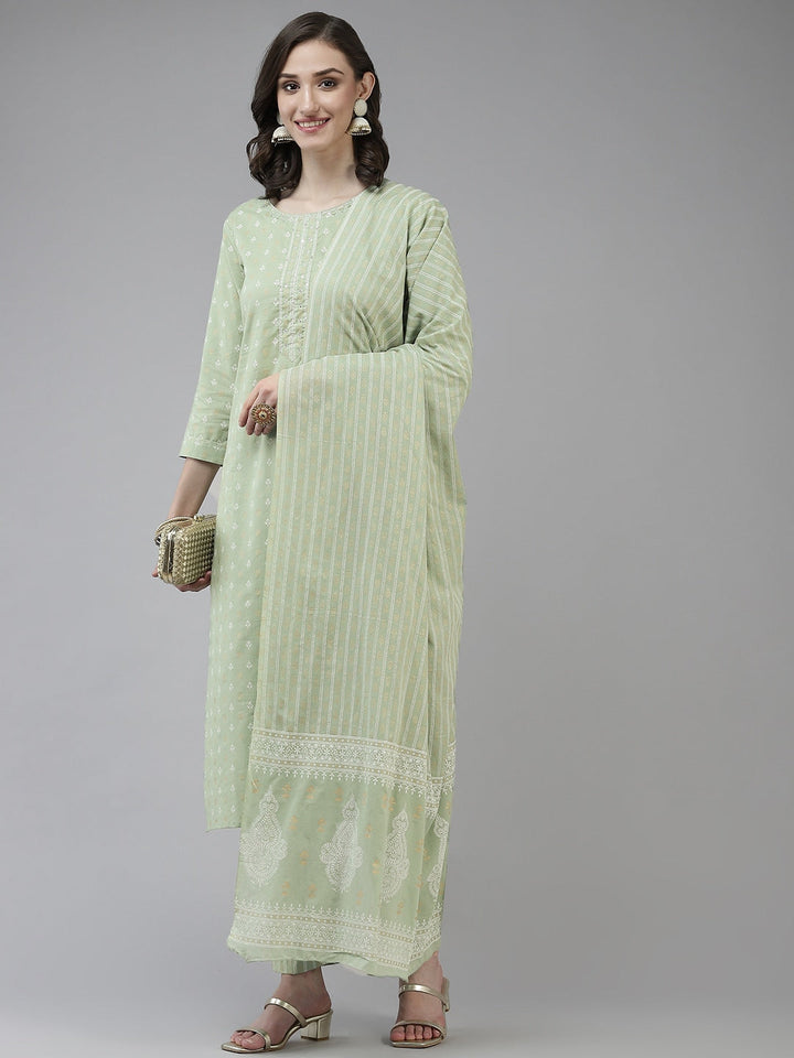 Sage Green Ethnic Motifs Printed Dupatta Set-Yufta Store-9725SKDGRS