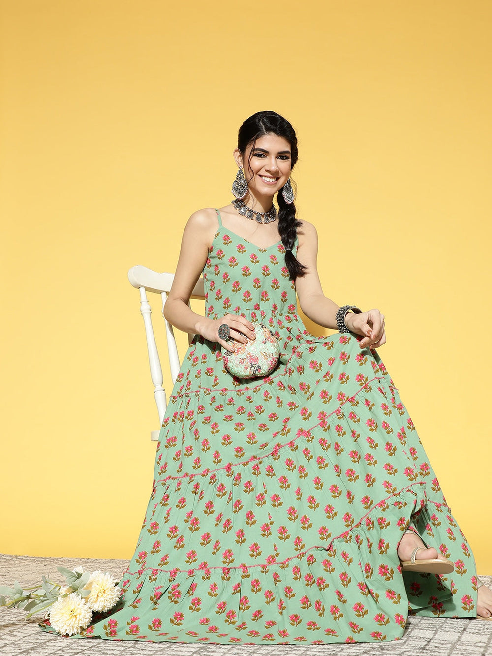 Sage Green & Pink Floral Printed Dress-Yufta Store-9593DRSGRS