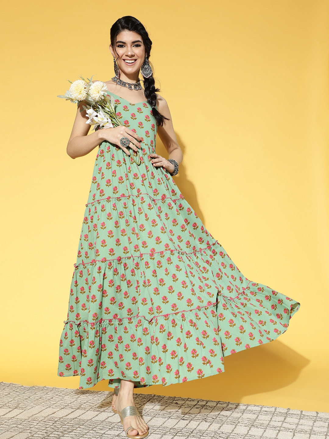 Sage Green & Pink Floral Printed Dress-Yufta Store-9593DRSGRS
