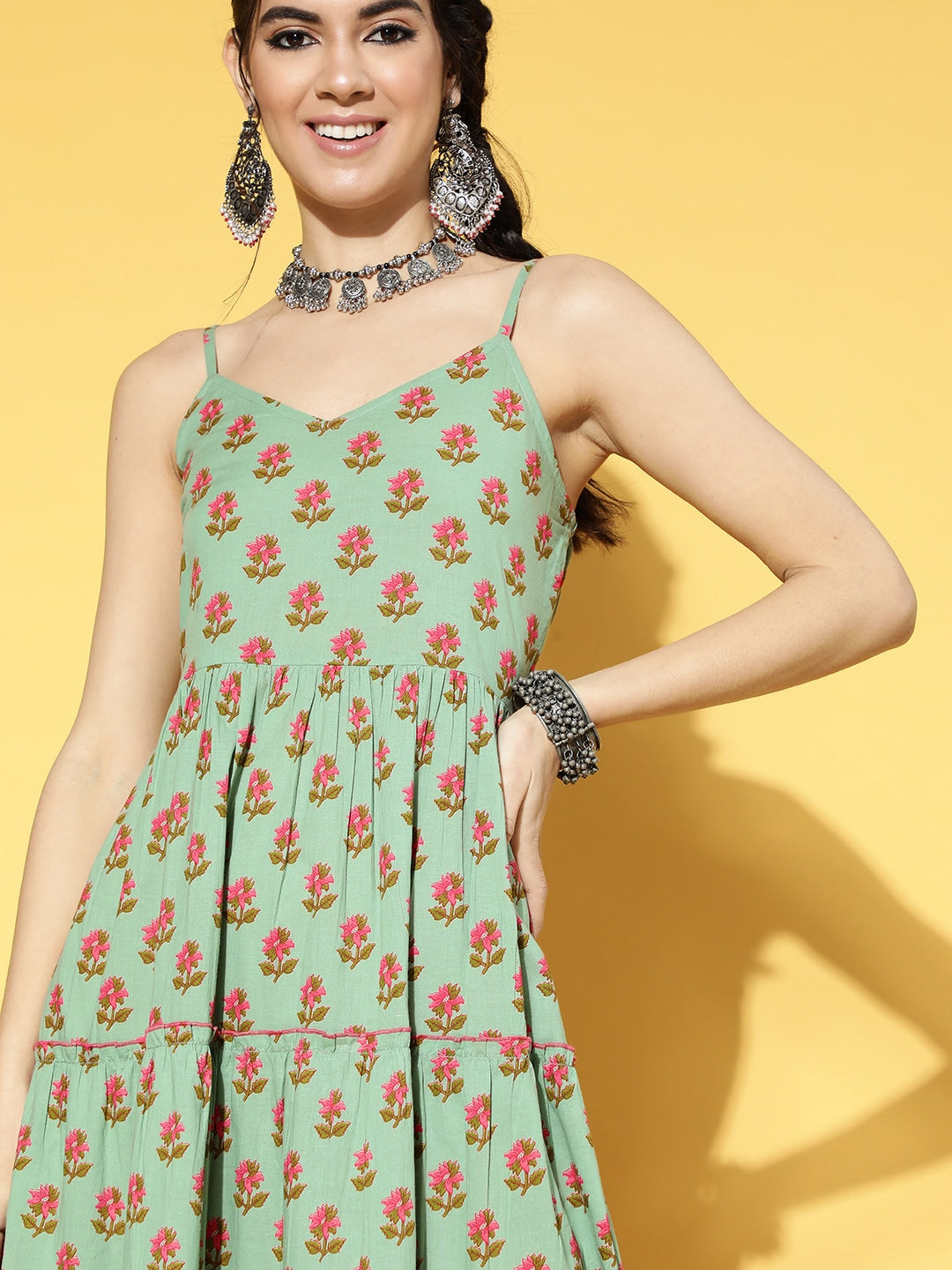 Sage Green & Pink Floral Printed Dress-Yufta Store-9593DRSGRS