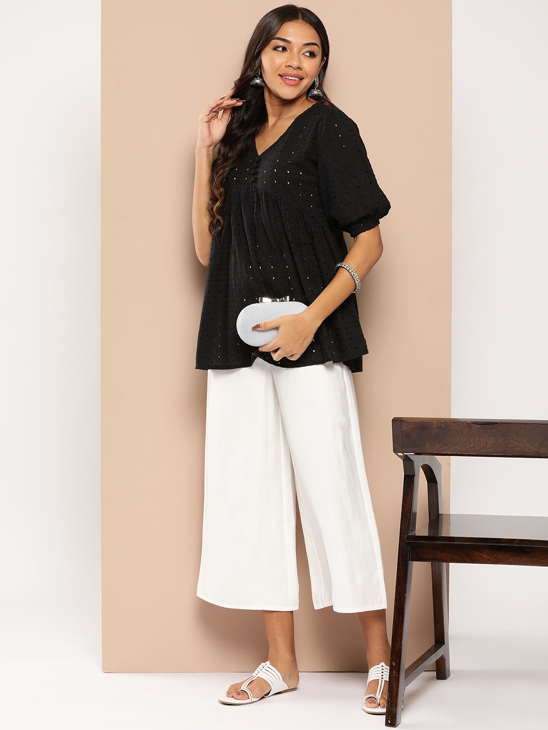 Schiffli Puff Sleeves Pure Cotton Tunic-Yufta Store-1329TOPBKS