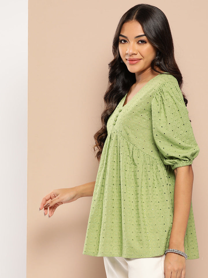 Schiffli Puff Sleeves Pure Cotton Tunic-Yufta Store-1329TOPGRS