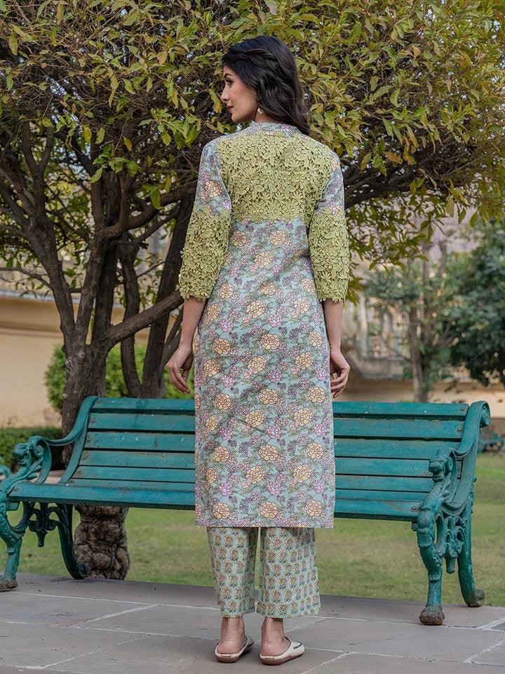 Sea Green And Yellow Floral Print,Thread_Work Pakistani Style Kurta Trouser And Dupatta Set-Yufta Store-1994SKDSGS