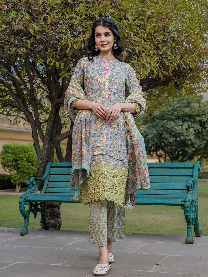 Sea Green And Yellow Floral Print,Thread_Work Pakistani Style Kurta Trouser And Dupatta Set-Yufta Store-1994SKDSGS