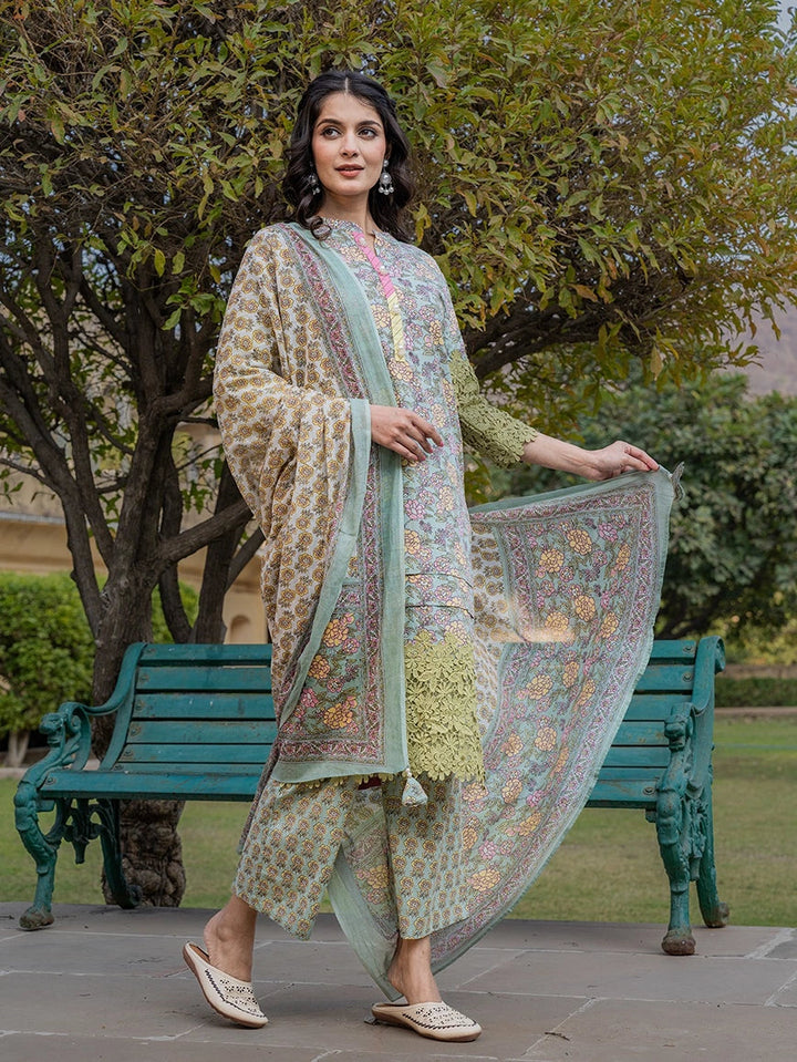 Sea Green And Yellow Floral Print,Thread_Work Pakistani Style Kurta Trouser And Dupatta Set-Yufta Store-1994SKDSGS