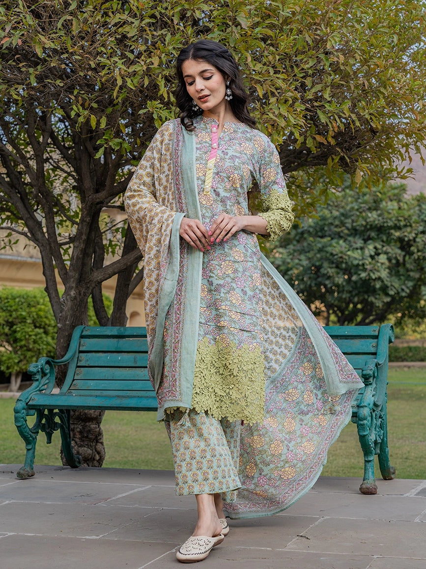 Sea Green And Yellow Floral Print,Thread_Work Pakistani Style Kurta Trouser And Dupatta Set-Yufta Store-1994SKDSGS