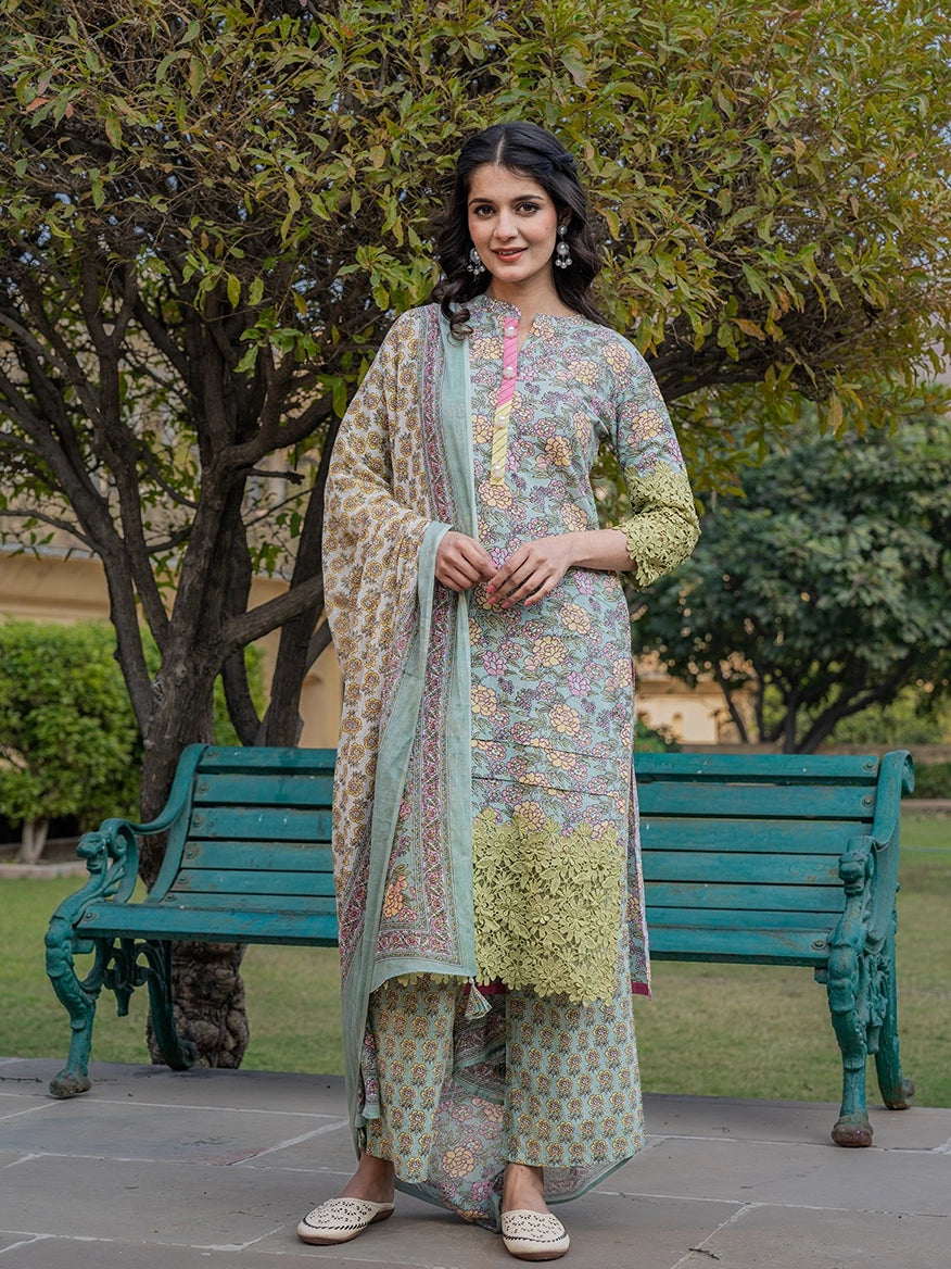 Sea Green And Yellow Floral Print,Thread_Work Pakistani Style Kurta Trouser And Dupatta Set-Yufta Store-1994SKDSGS