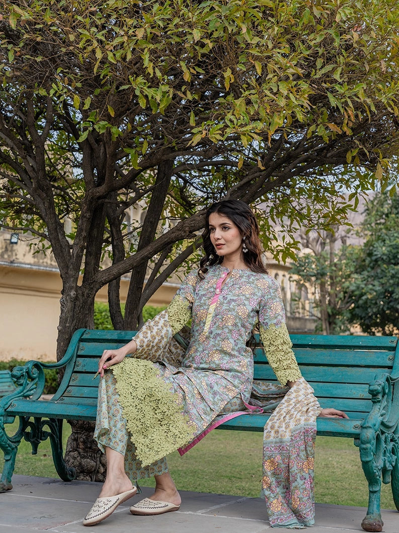 Sea Green And Yellow Floral Print,Thread_Work Pakistani Style Kurta Trouser And Dupatta Set-Yufta Store-1994SKDSGS