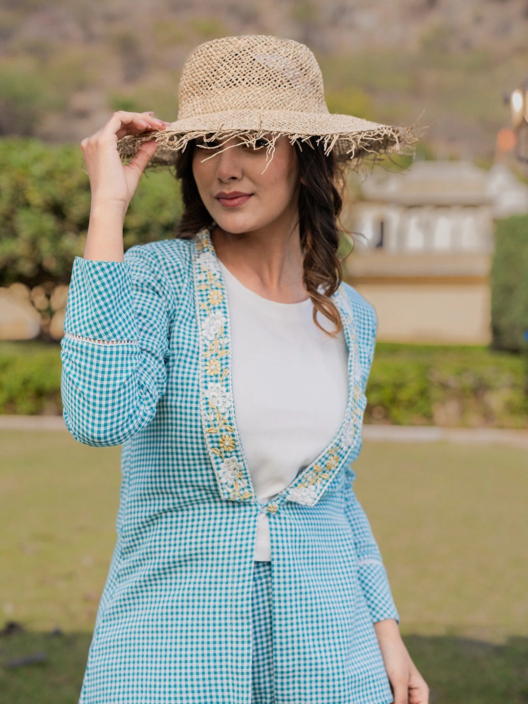 Sea Green Cotton Checks Print Shawl Neck Co-Ord Set With Embroidery-Yufta Store-1512CRDSGS