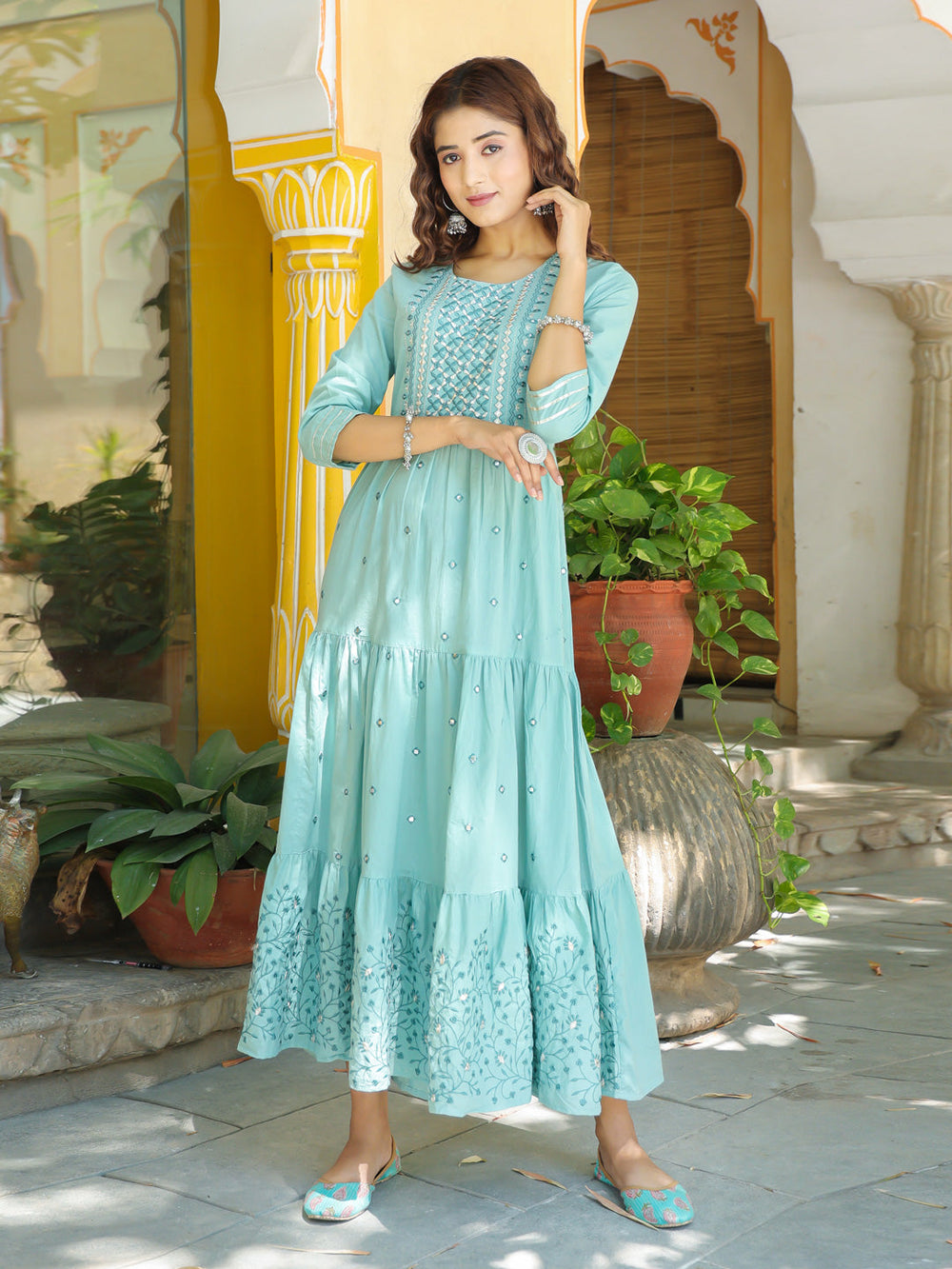 Sea Green Cotton Dress-Yufta Store-2197DRSSGM