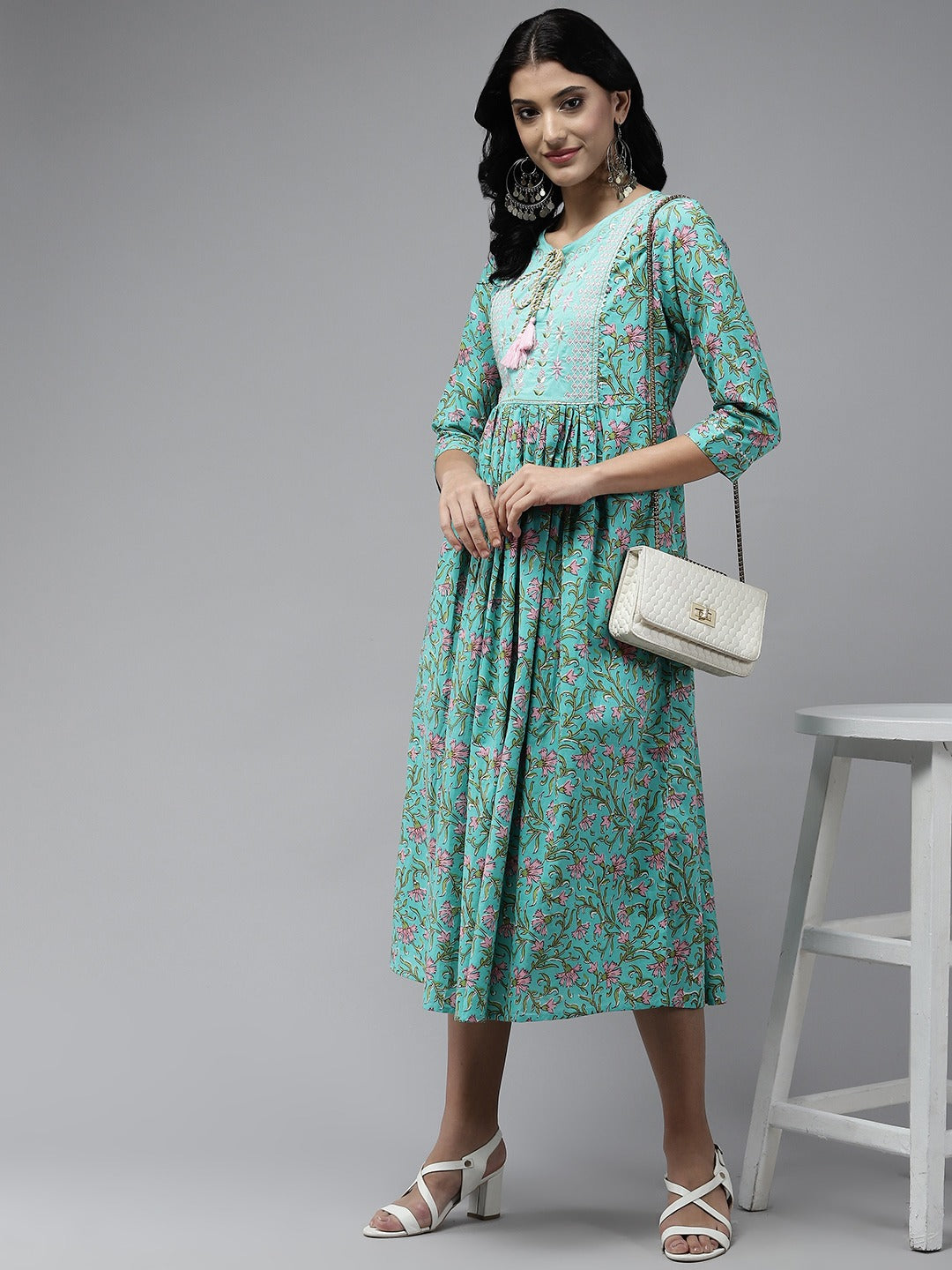 Sea Green Embroidered Midi Dress-Yufta Store-5212DRSSGS