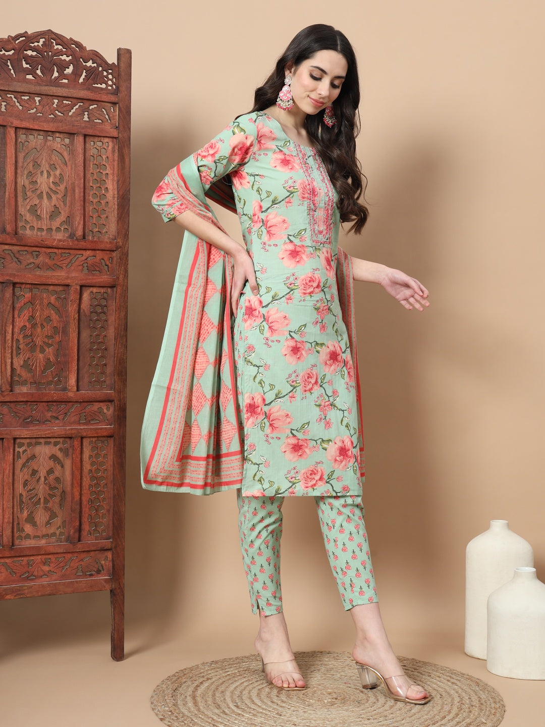 Sea Green Ethnic Motifs Cotton Kurta Dupatta Set-Yufta Store-6815SKDSGS