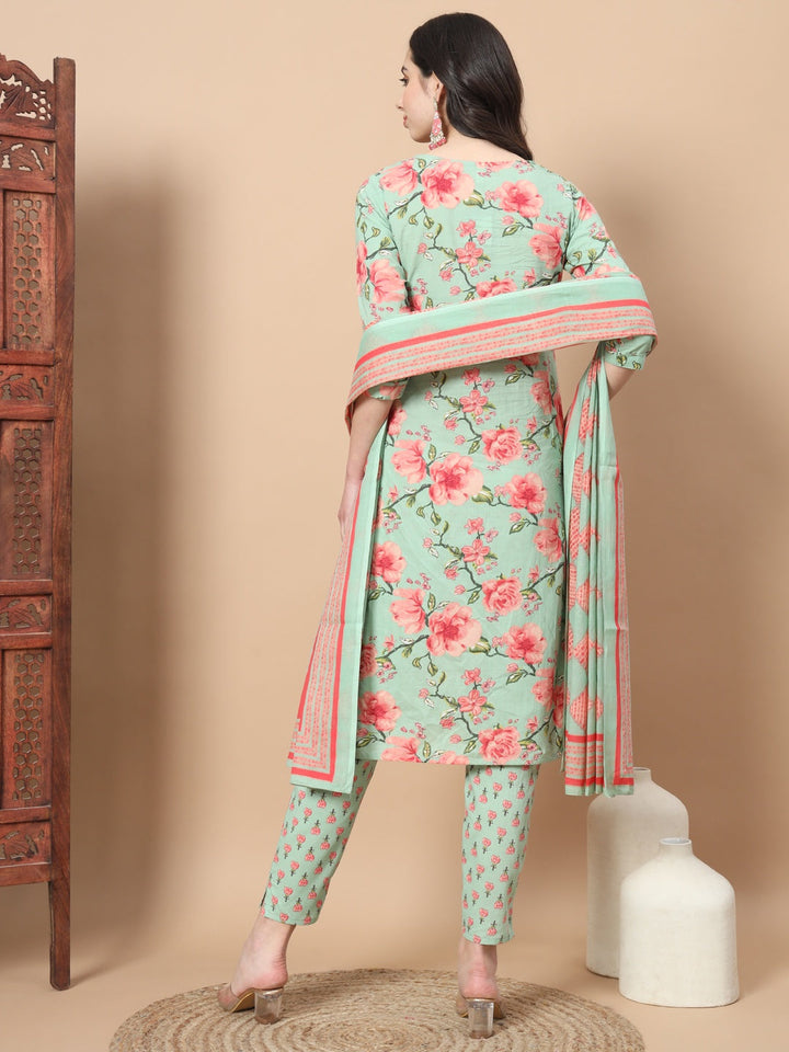 Sea Green Ethnic Motifs Cotton Kurta Dupatta Set-Yufta Store-6815SKDSGS