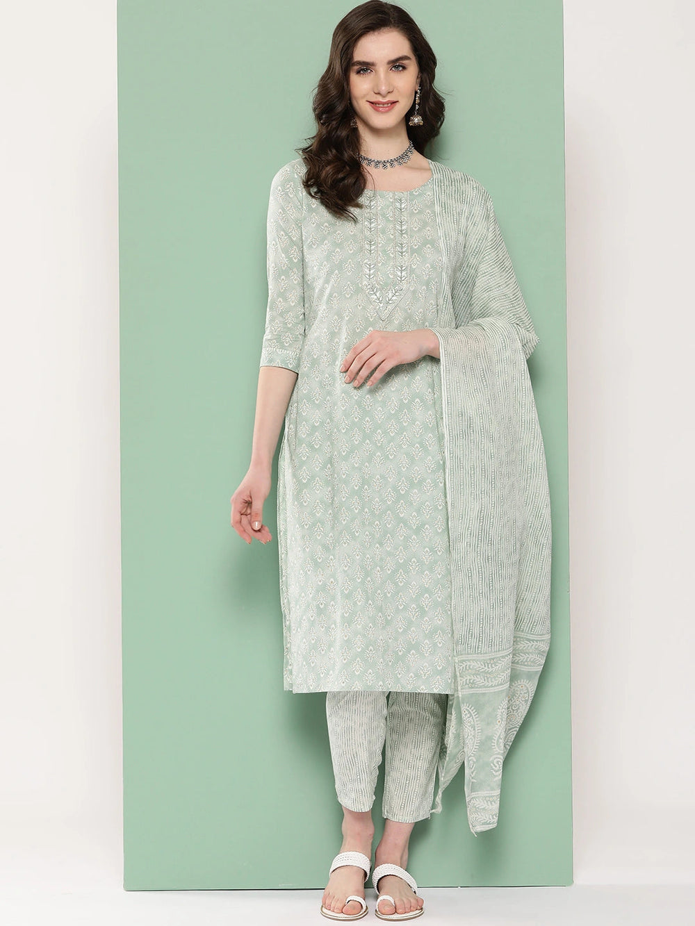 Sea Green Ethnic Motifs Embroidered Kurta with Trousers & Dupatta