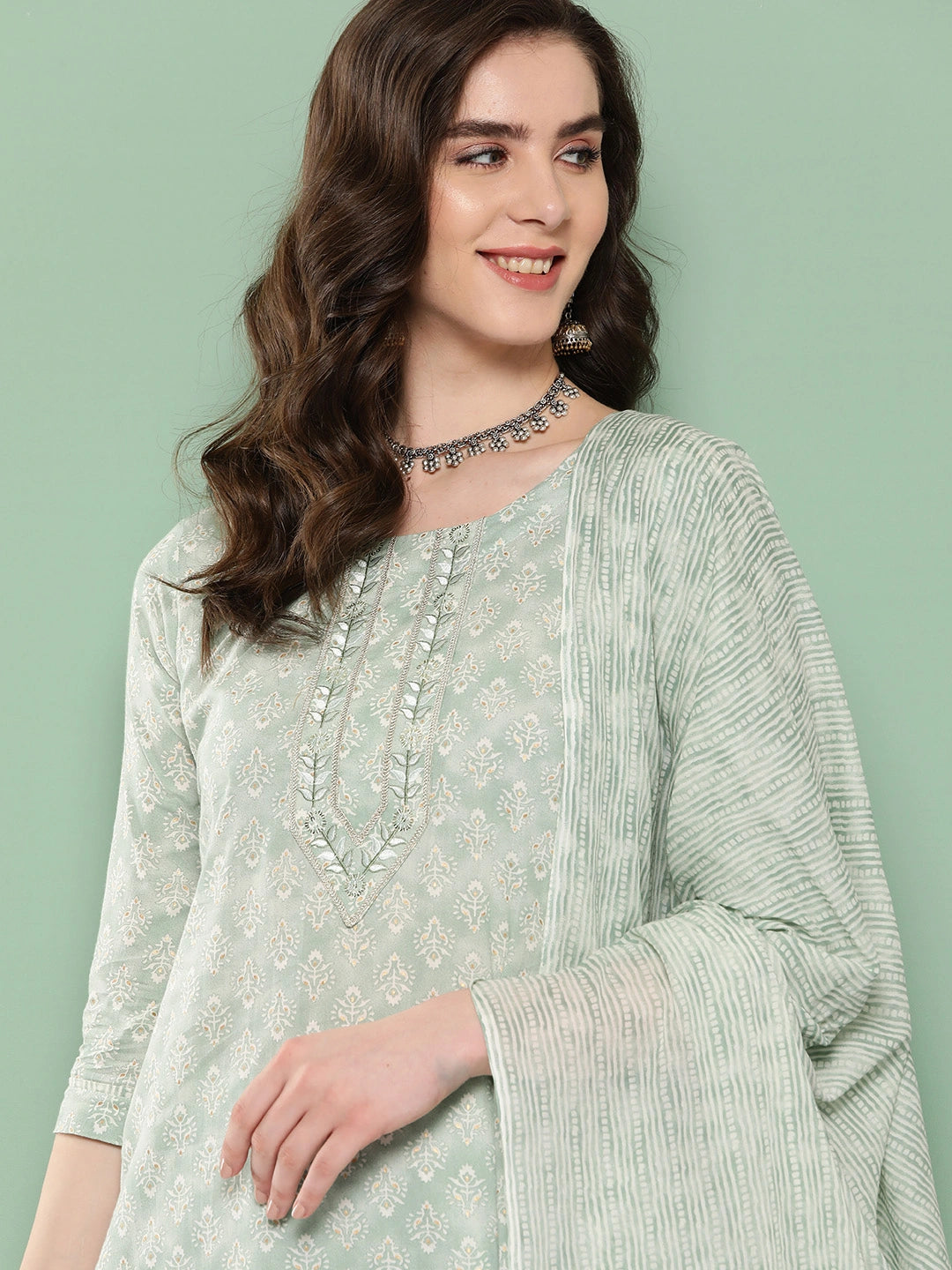 Sea Green Ethnic Motifs Embroidered Kurta with Trousers & Dupatta-Yufta Store-1303SKDSGS