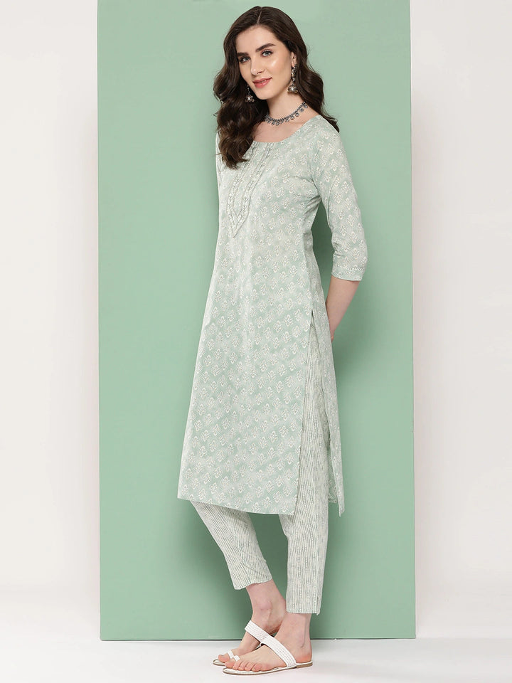 Sea Green Ethnic Motifs Embroidered Kurta with Trousers & Dupatta-Yufta Store-1303SKDSGS