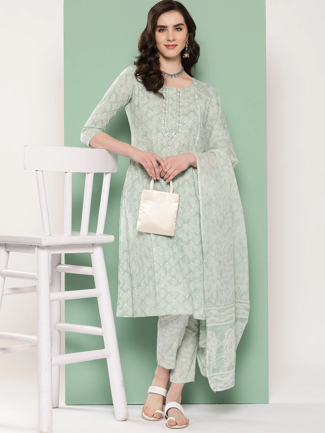 Sea Green Ethnic Motifs Embroidered Kurta with Trousers & Dupatta