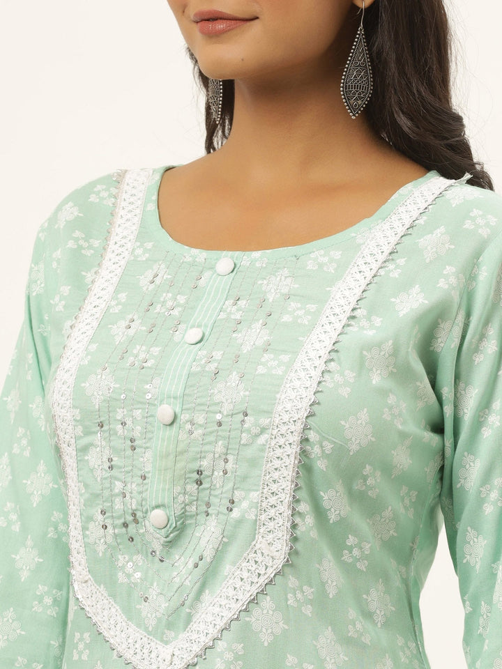 Sea Green Ethnic Motifs Printed Kurta Set-Yufta Store-6502SETSGM