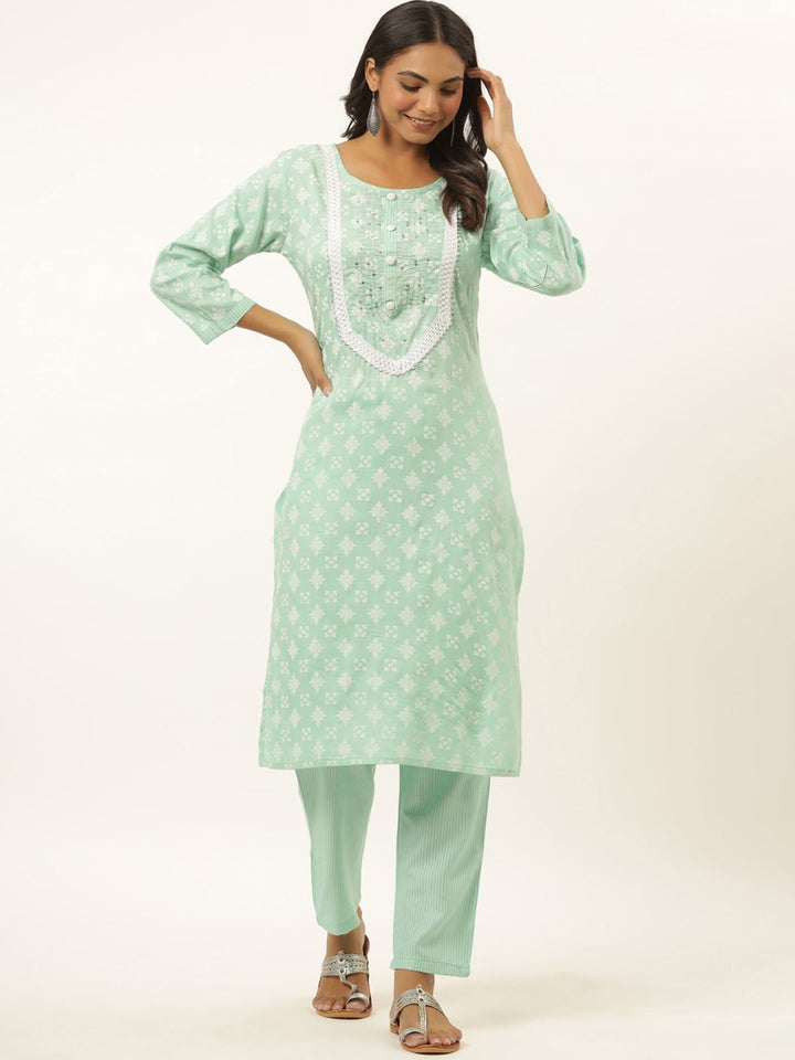 Sea Green Ethnic Motifs Printed Kurta Set-Yufta Store-6502SETSGM