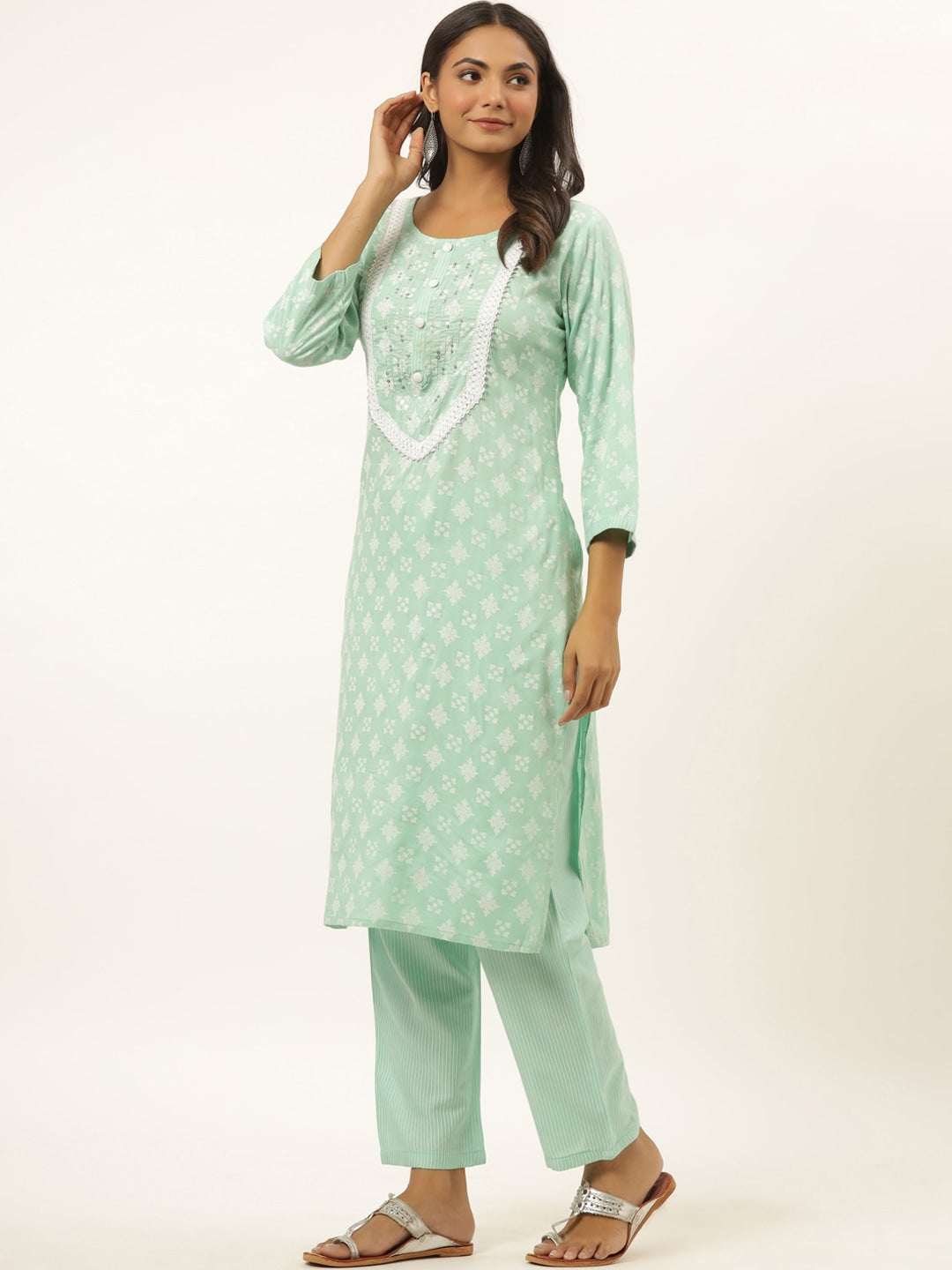 Sea Green Ethnic Motifs Printed Kurta Set-Yufta Store-6502SETSGM