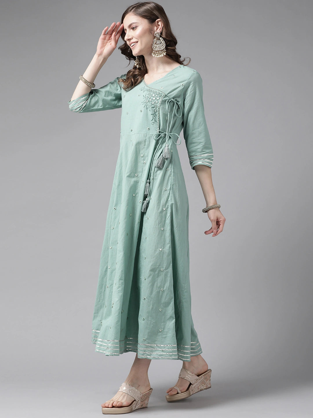 Sea Green Floral Dress-Yufta Store-2195DRSSGM