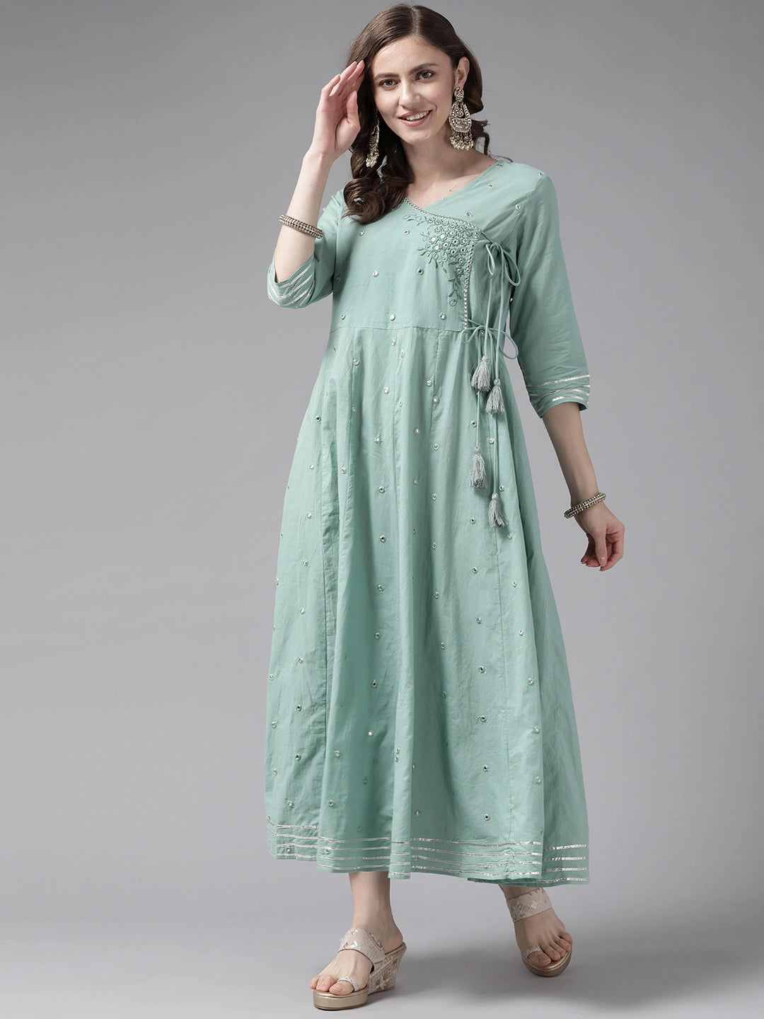 Sea Green Floral Dress-Yufta Store-2195DRSSGM