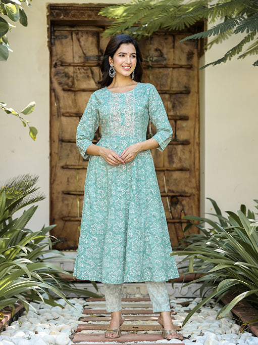 Sea Green Floral Embroidered Regular Thread Work Pure Cotton Kurta with Trousers & With Dupatta-Yufta Store-1623SKDSGS