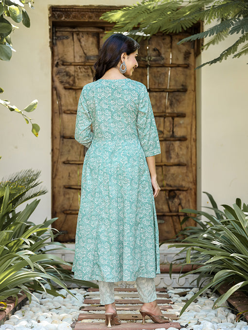 Sea Green Floral Embroidered Regular Thread Work Pure Cotton Kurta with Trousers & With Dupatta-Yufta Store-1623SKDSGS