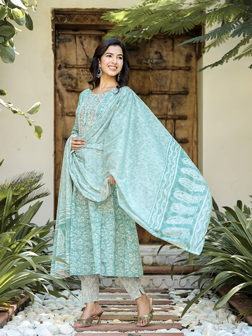 Sea Green Floral Embroidered Regular Thread Work Pure Cotton Kurta with Trousers & With Dupatta-Yufta Store-1623SKDSGS