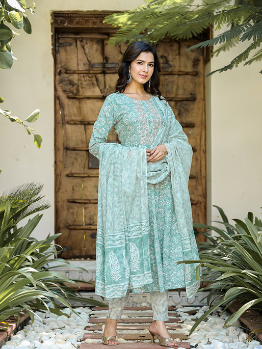 Sea Green Floral Embroidered Regular Thread Work Pure Cotton Kurta with Trousers & With Dupatta-Yufta Store-1623SKDSGS