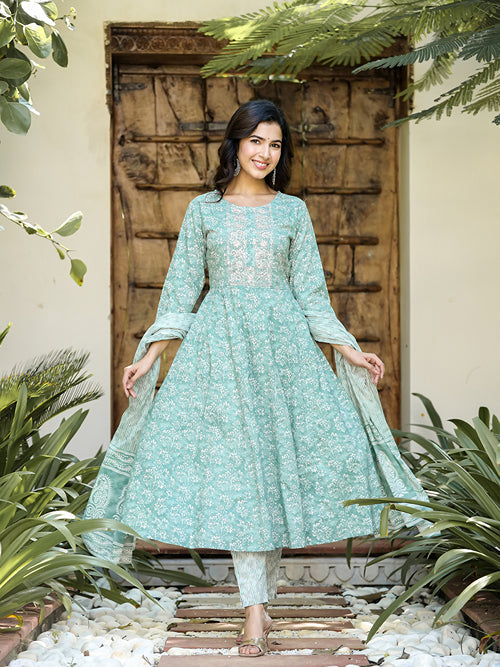 Sea Green Floral Embroidered Regular Thread Work Pure Cotton Kurta with Trousers & With Dupatta-Yufta Store-1623SKDSGS