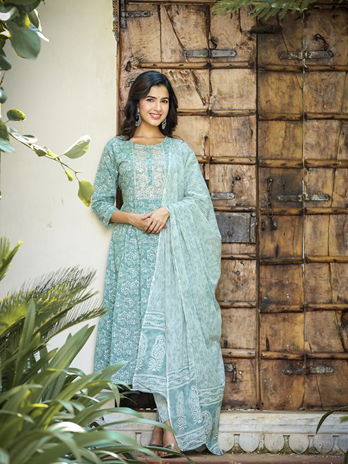 Sea Green Floral Embroidered Regular Thread Work Pure Cotton Kurta with Trousers & With Dupatta-Yufta Store-1623SKDSGS