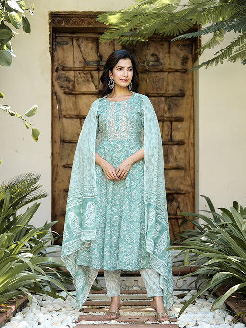 Sea Green Floral Embroidered Regular Thread Work Pure Cotton Kurta with Trousers & With Dupatta-Yufta Store-1623SKDSGS