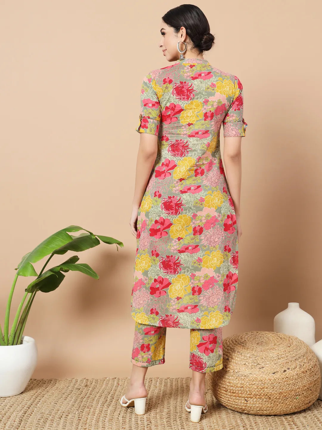 Sea Green Floral Printed Cotton Yoke Co-Ord Set-Yufta Store-6810CRDSGS