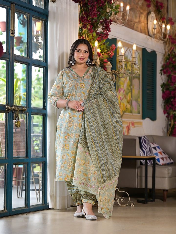 Sea Green Floral Print Straight Plus size Kurta Harem pants And Dupatta Set-Yufta Store-1521PSKDSG3XL