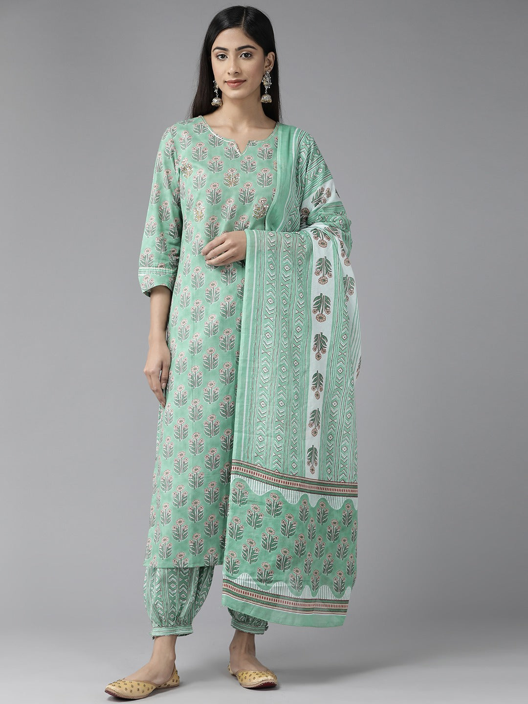 Sea Green Floral Printed Dupatta Set