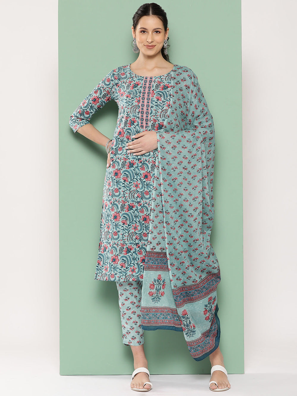 Sea Green Floral Printed Regular Sequinned Kurta with Trousers & Dupatta-Yufta Store-1312SKDSGS