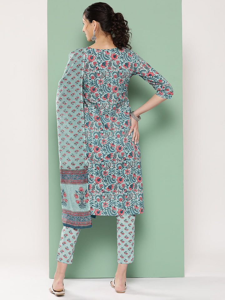 Sea Green Floral Printed Regular Sequinned Kurta with Trousers & Dupatta-Yufta Store-1312SKDSGS