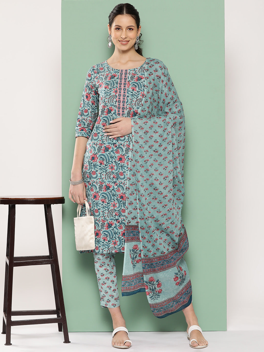 Sea Green Floral Printed Regular Sequinned Kurta with Trousers & Dupatta-Yufta Store-1312SKDSGS