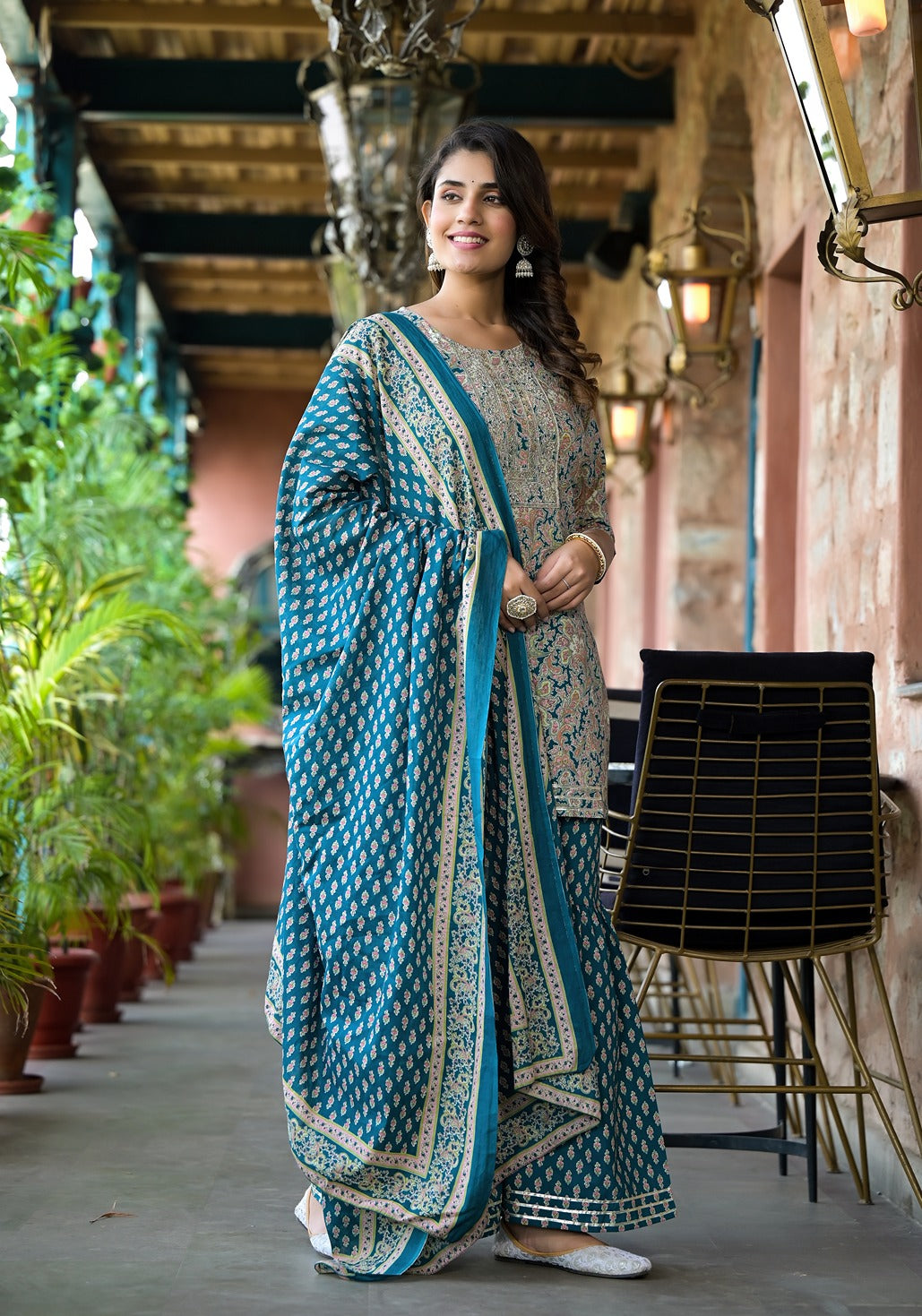 Sea Green Floral Sequins_Work Kurta Sharara With Dupatta Set-Yufta Store-1785SKDSGS