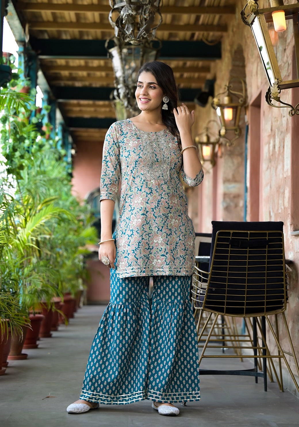 Sea Green Floral Sequins_Work Kurta Sharara With Dupatta Set-Yufta Store-1785SKDSGS