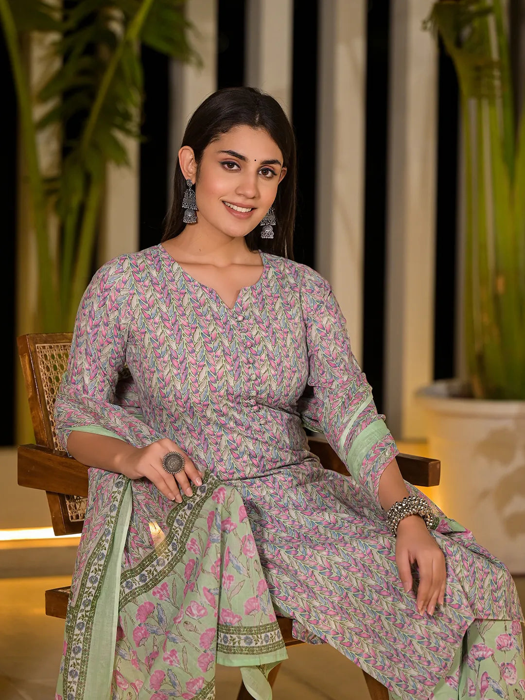 Sea Green Leaf Print Cotton Straight Style Kurta And Trousers With Dupatta-Yufta Store-6943SKDSGS