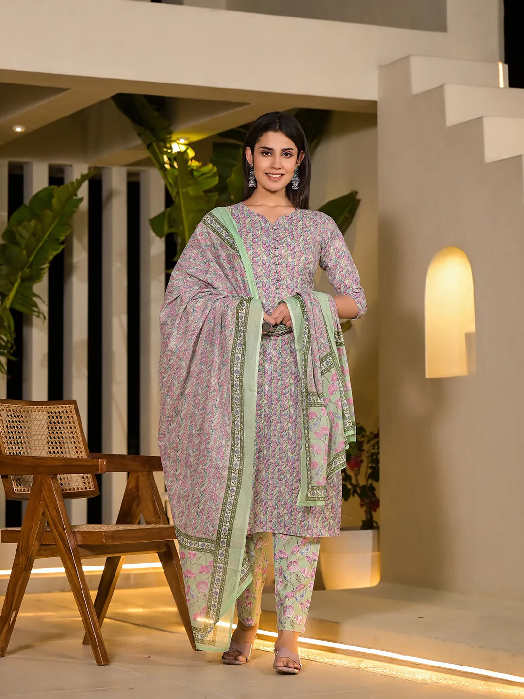 Sea Green Leaf Print Cotton Straight Style Kurta And Trousers With Dupatta-Yufta Store-6943SKDSGS