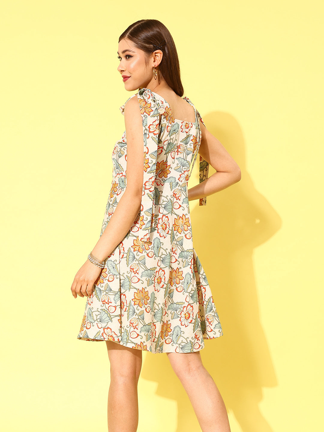 Sea Green & Off White Floral Print Pure Cotton A-Line Dress With Tie-Up Detail-Yufta Store-1426DRSSGS