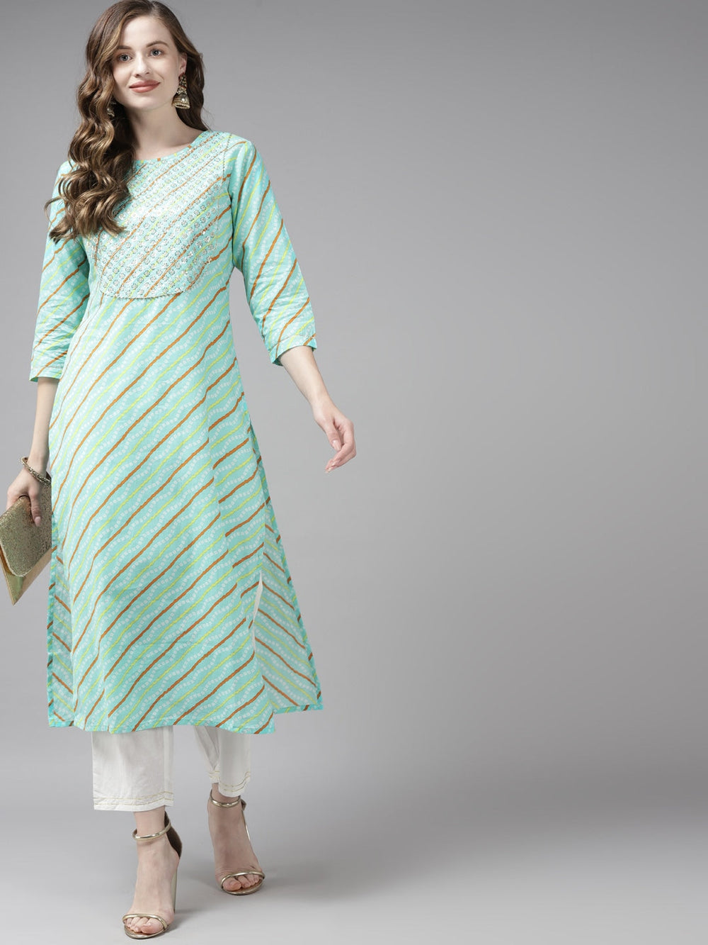 Sea Green & Offwhite Bhandhej Printed Kurta Set-Yufta Store-9325SETGRS