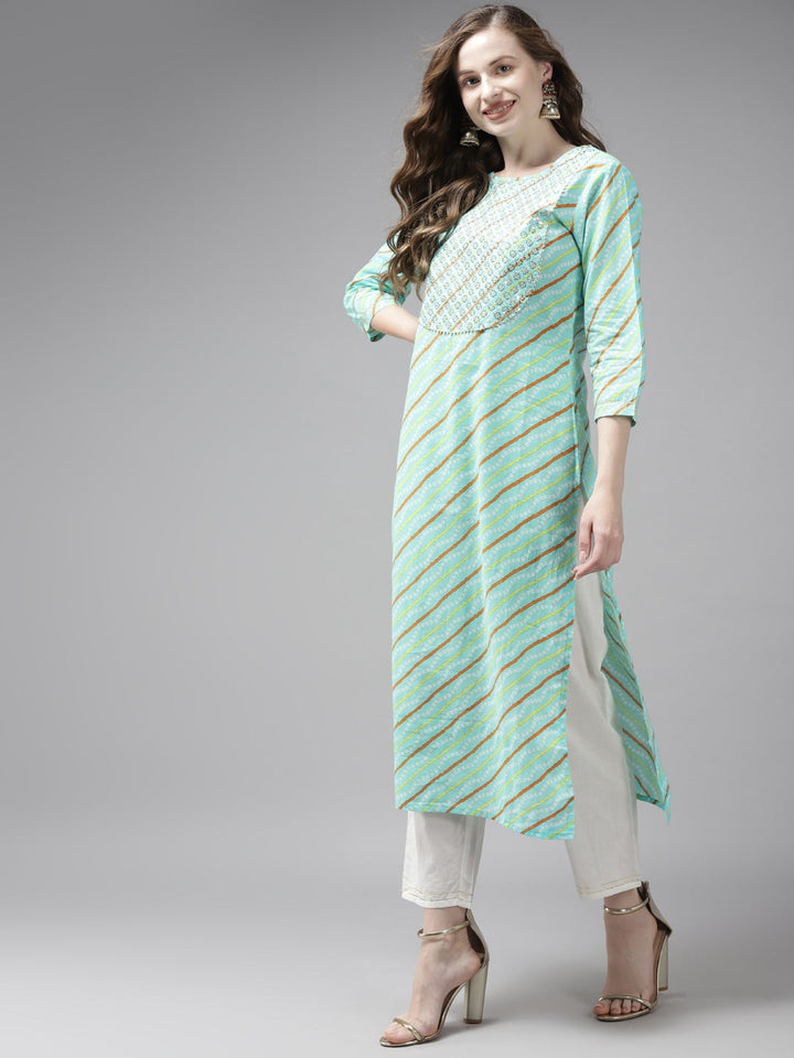 Sea Green & Offwhite Bhandhej Printed Kurta Set-Yufta Store-9325SETGRS