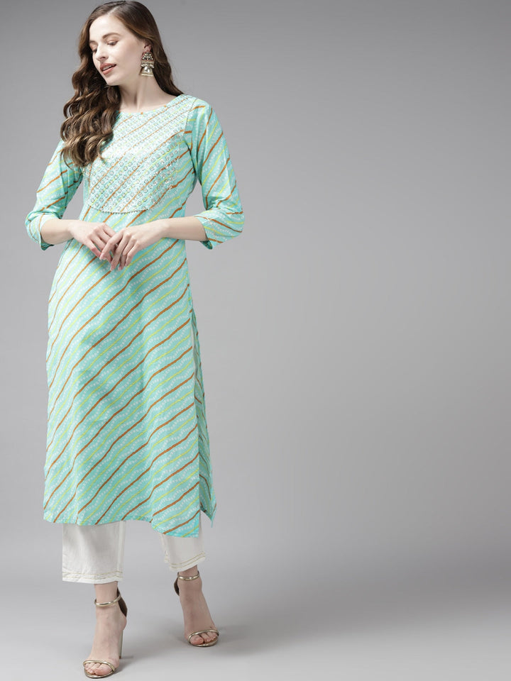 Sea Green & Offwhite Bhandhej Printed Kurta Set-Yufta Store-9325SETGRS